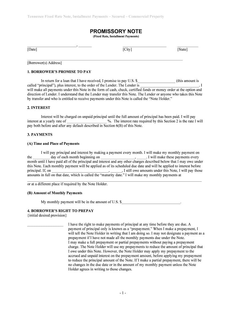 Tennessee Fixed Rate Note, Installment Payments Secured Commercial Property  Form