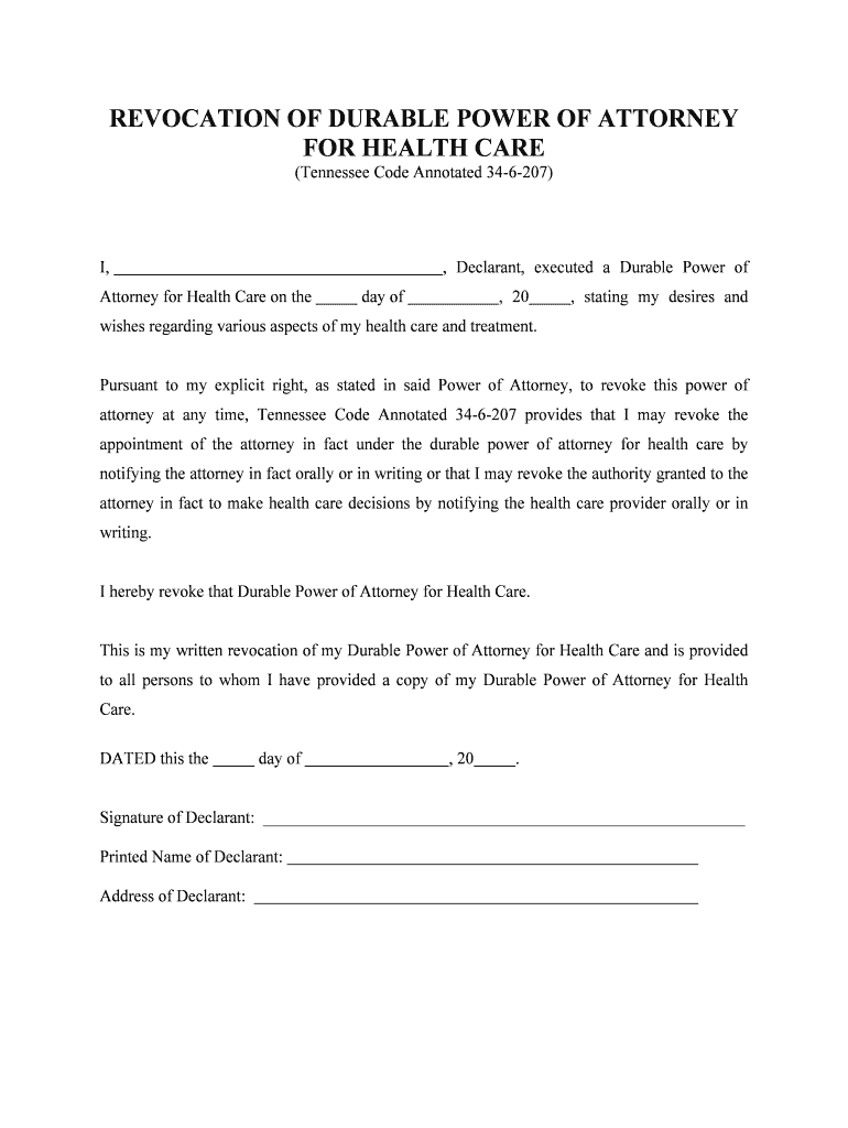 Tennessee Durable Power of Attorney for Health Care Statute  Form