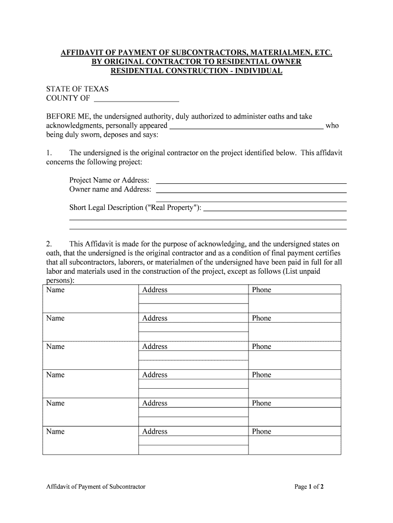 Texas Affidavit of Lien by Subcontractor Form