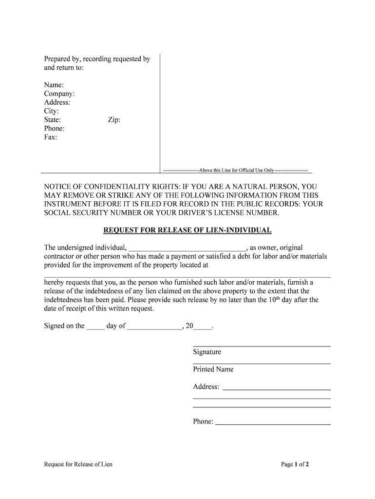REQUEST for RELEASE of LIEN INDIVIDUAL  Form