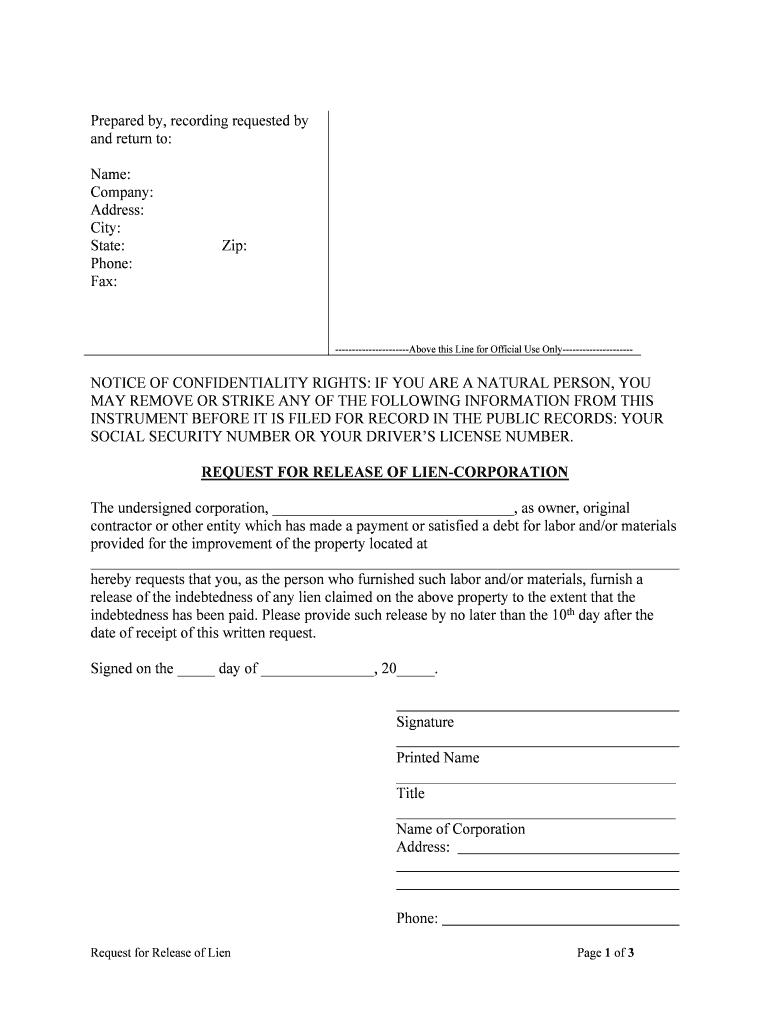REQUEST for RELEASE of LIEN CORPORATION  Form