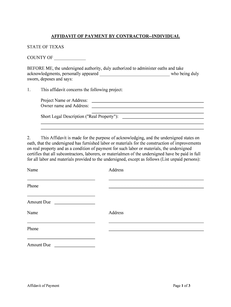 AFFIDAVIT of PAYMENT by CONTRACTOR INDIVIDUAL  Form