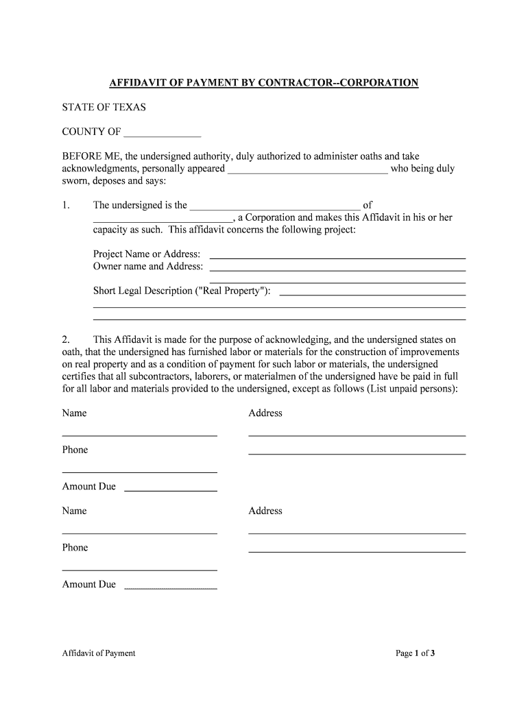 AFFIDAVIT of PAYMENT by CONTRACTOR CORPORATION  Form
