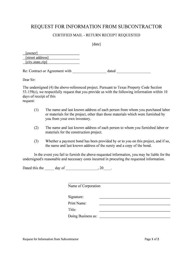 REQUEST for INFORMATION from SUBCONTRACTOR