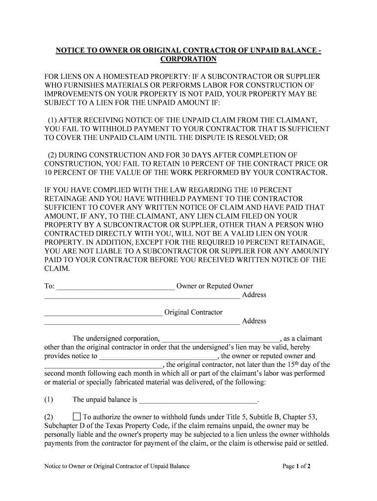 NOTICE to OWNER or ORIGINAL CONTRACTOR of UNPAID BALANCE CORPORATION  Form