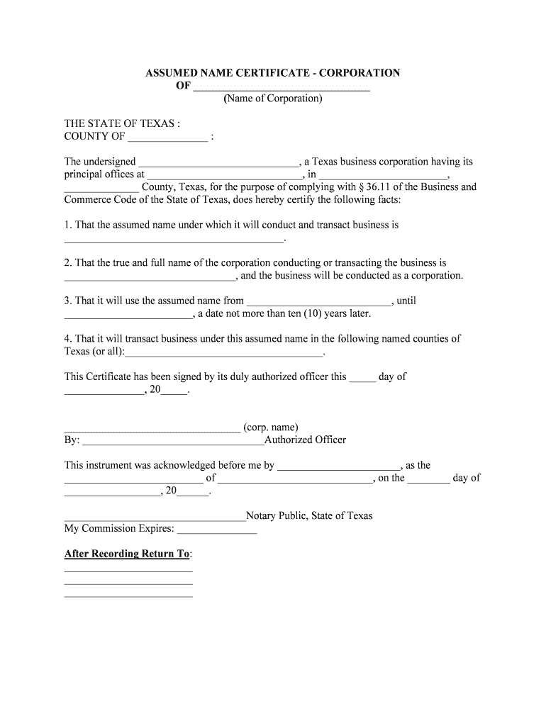 Assumed Name Certificate Form Lampasas County