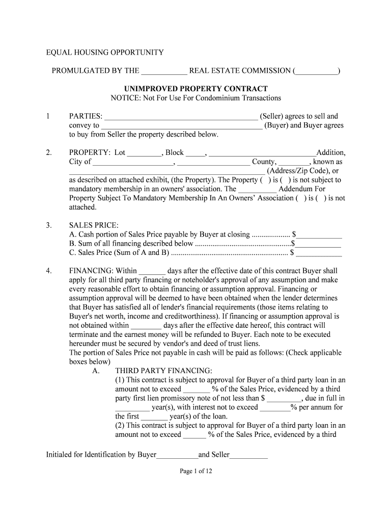 Trec Form 9 13 &amp;quot;Unimproved Property Contract&amp;quot; Texas