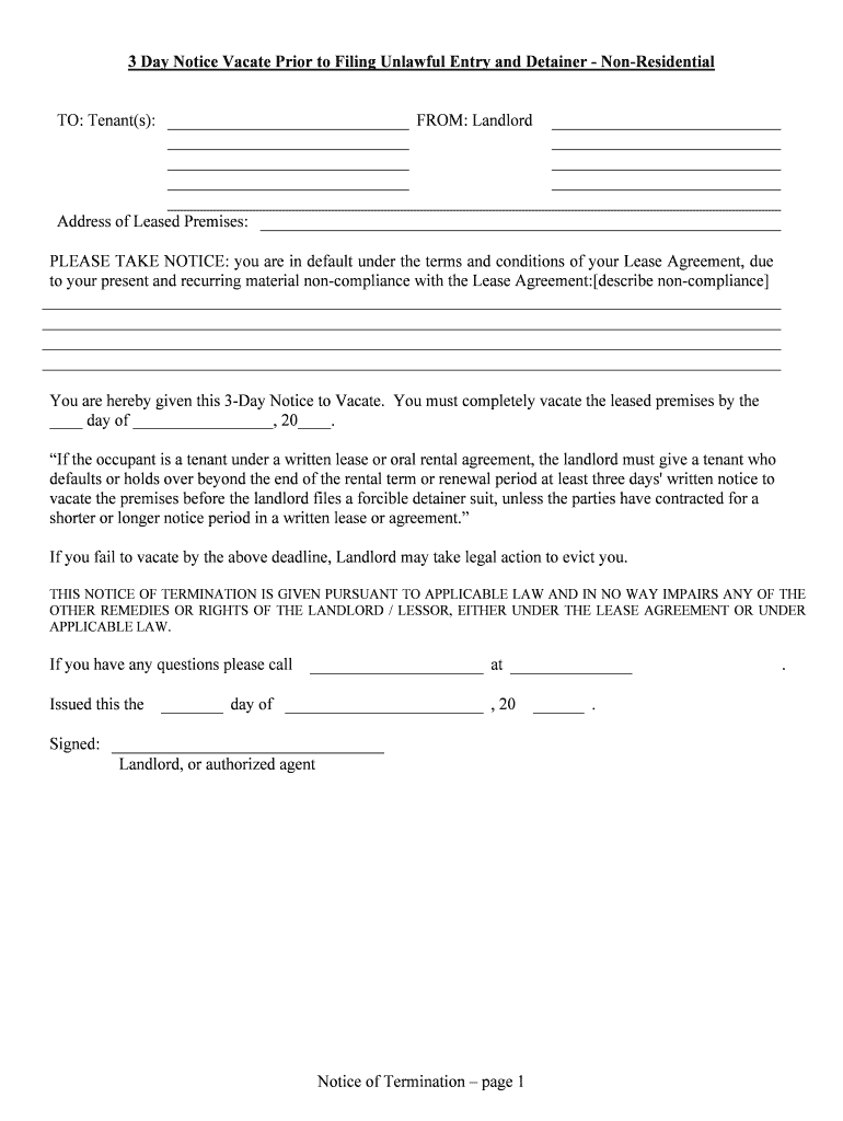 3 Day Notice Vacate Prior to Filing Unlawful Entry and Detainer Non Residential  Form