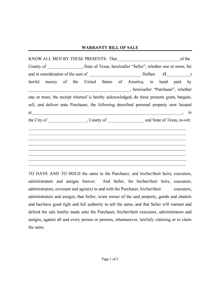 BILL of SALE and SALES AGREEMENT STATE of TEXAS  Form