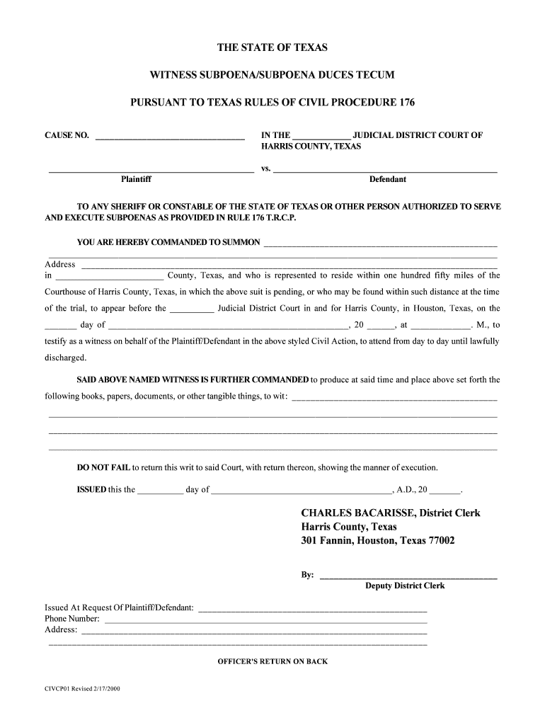 The STATE of TEXAS WITNESS SUBPOENASUBPOENA DUCES TECUM  Form