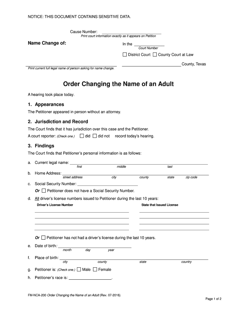 Order Changing the Name of an Adult Name Change Adults  Form
