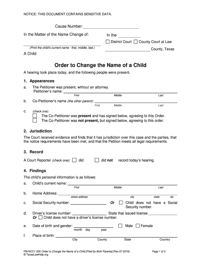 Order to Change the Name of a Child Filed by Both Parents Name Change Minors Both Parents File  Form