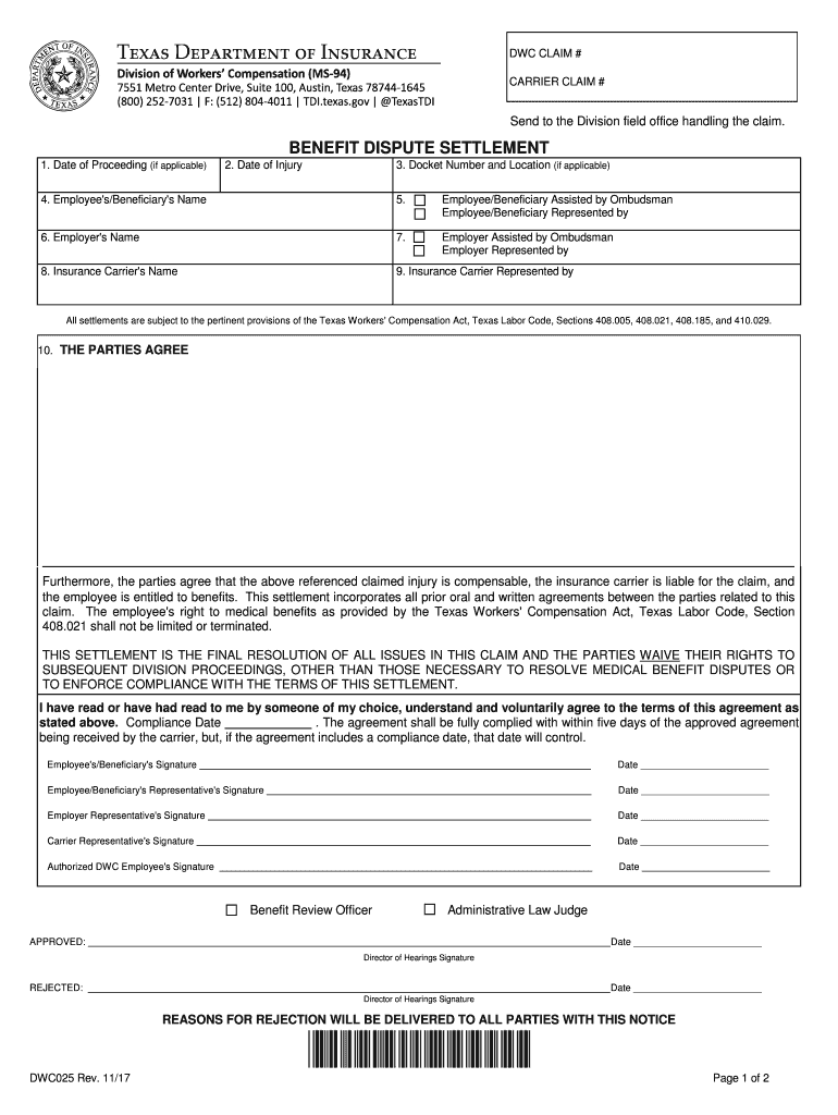 BENEFIT DISPUTE SETTLEMENT BENEFIT DISPUTE SETTLEMENT  Form