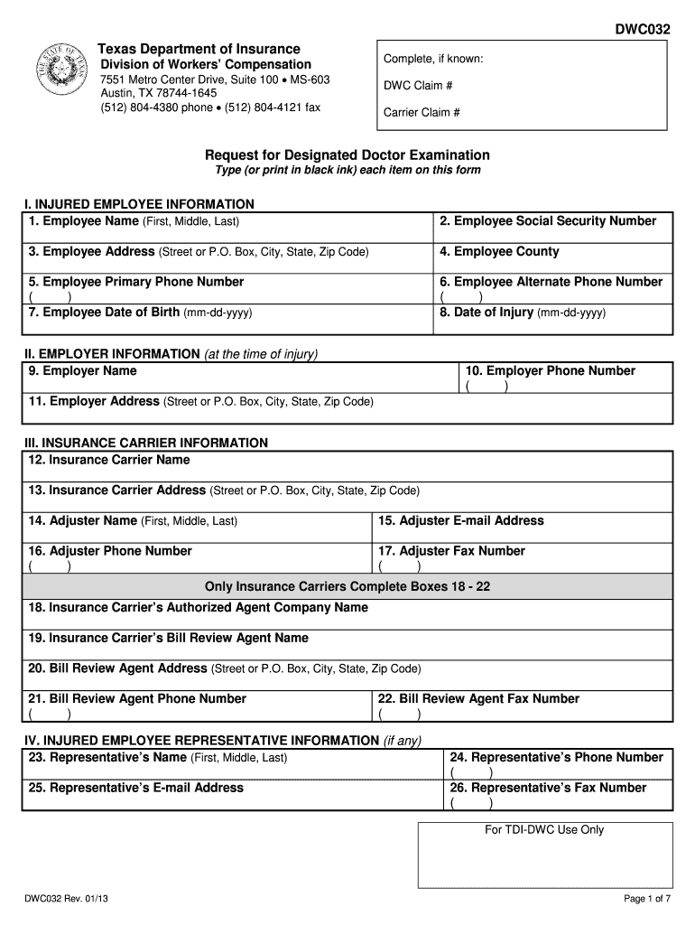 DWC Form 032 Texas Department of Insurance Texas Gov