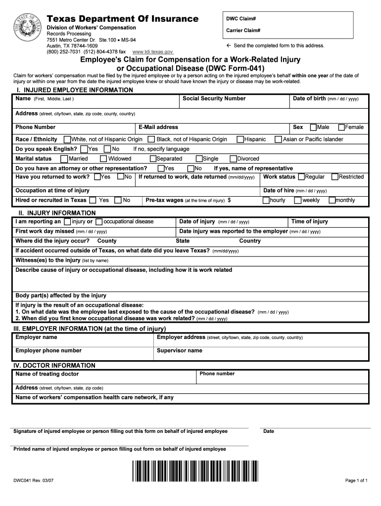 Notice of Fatal Injury or Occupational Disease and Claim for  Form