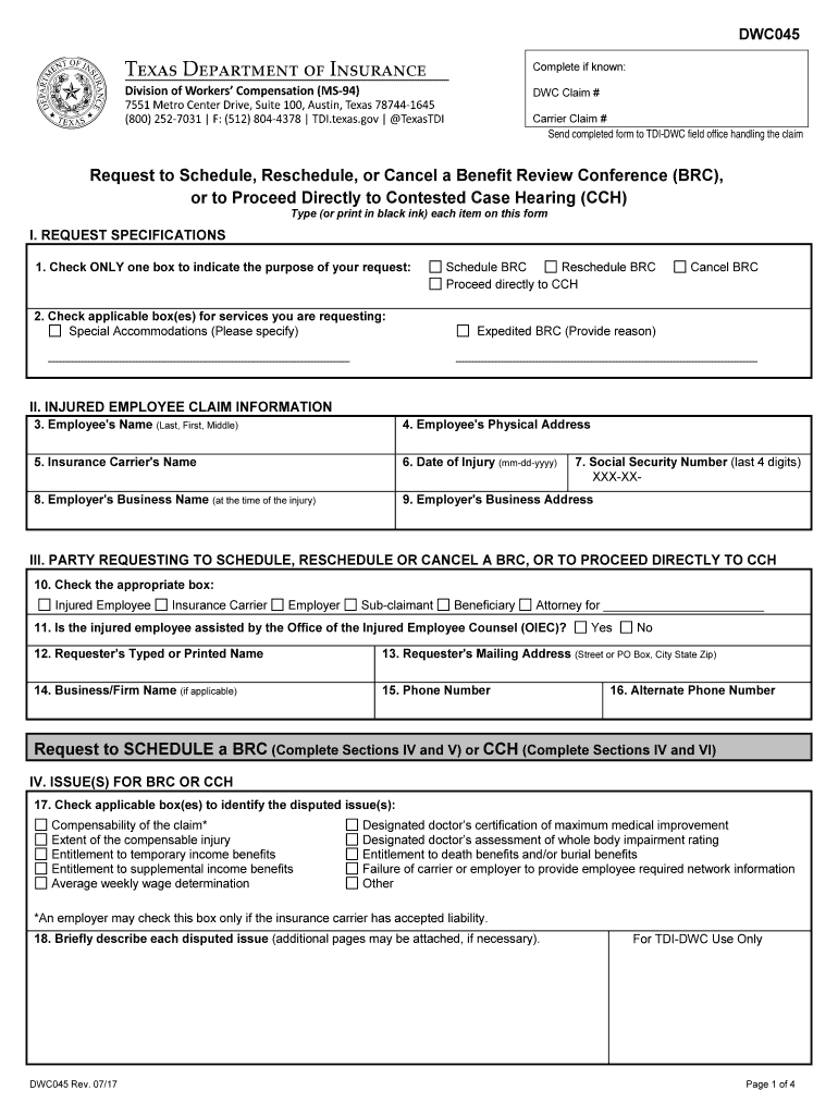 DWC Form 045, Request to Schedule, Reschedule, or Cancel