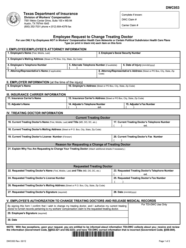 For Use ONLY by Employees NOT in Workers Compensation Health Care Networks or Certain Political Subdivision Health Care Plans  Form