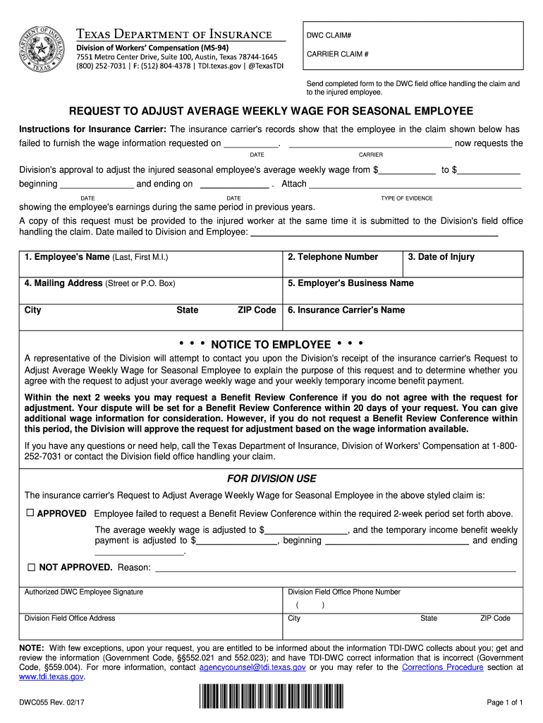 Request to Adjust Average Weekly Wage for Seasonal  Form