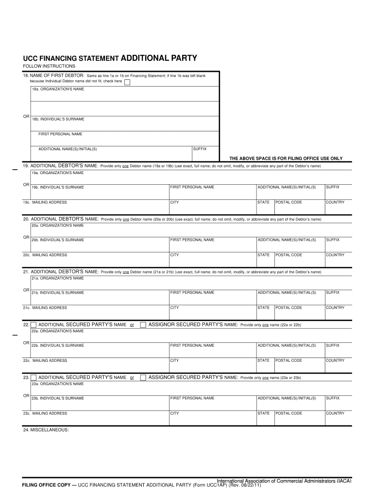 Use This Form Multiple Copies If Needed to Continue Adding Additional Debtor or Secured Party Names as Needed When Filing a UCC 