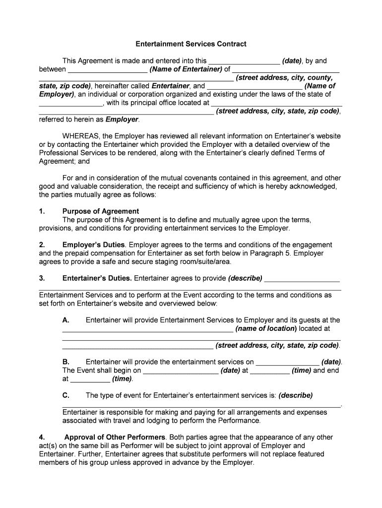 Entertainment Services Contract  Form