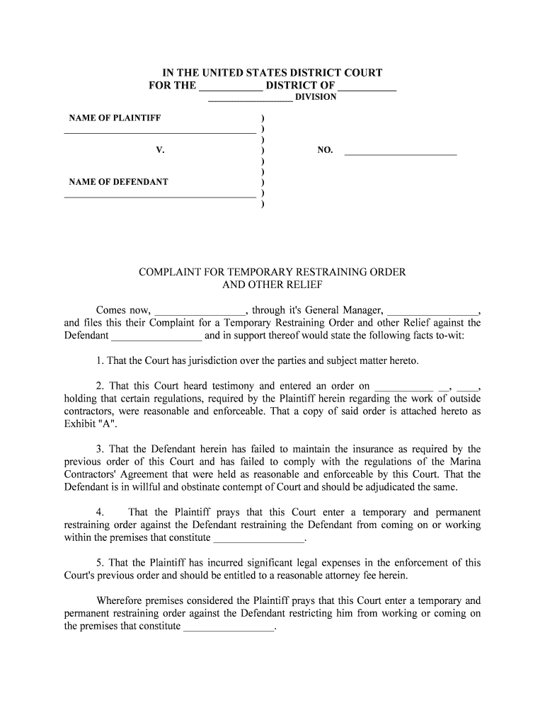 COMPLAINT for TEMPORARY RESTRAINING ORDER  Form