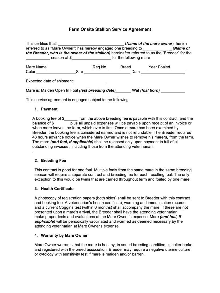 Farm Onsite Stallion Service Agreement  Form