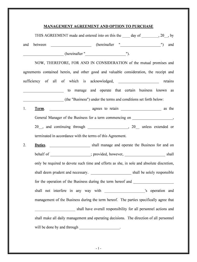 MANAGEMENT AGREEMENT and OPTION to PURCHASE  Form