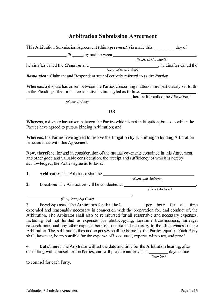 This Arbitration Submission Agreement This Agreement&quot; is Made This  Form