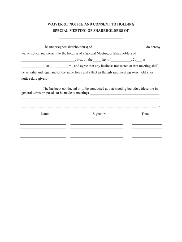 Waiver of Notice Waiver of Notice of Meeting with Sample  Form