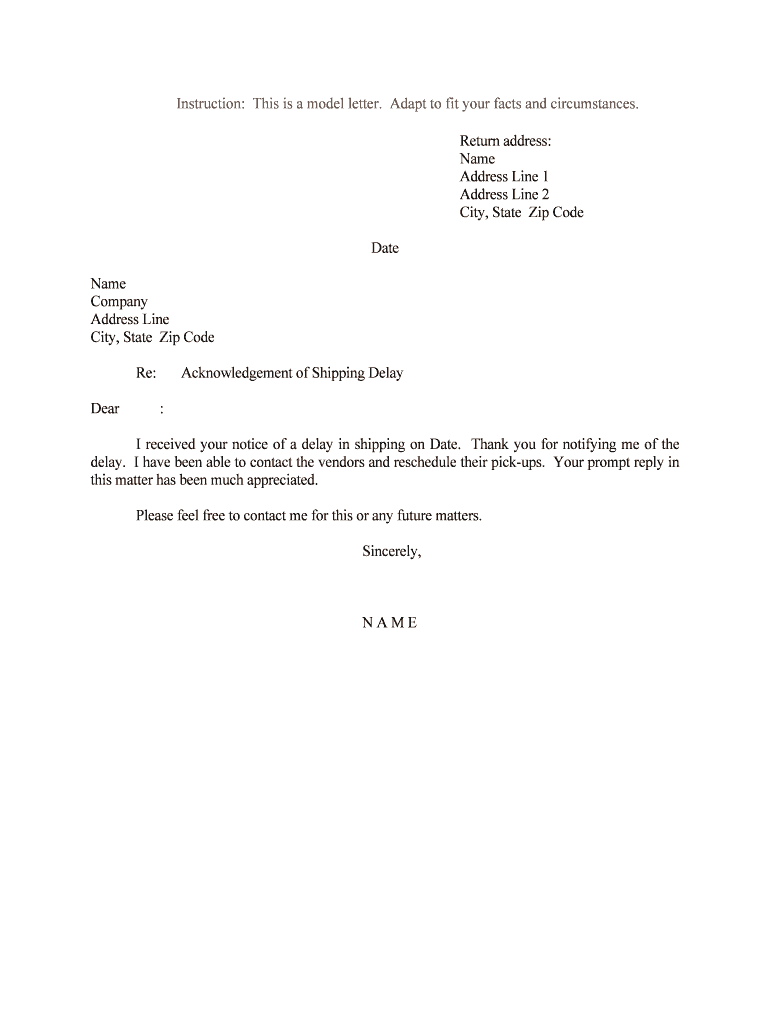 Acknowledgement of Shipping Delay  Form