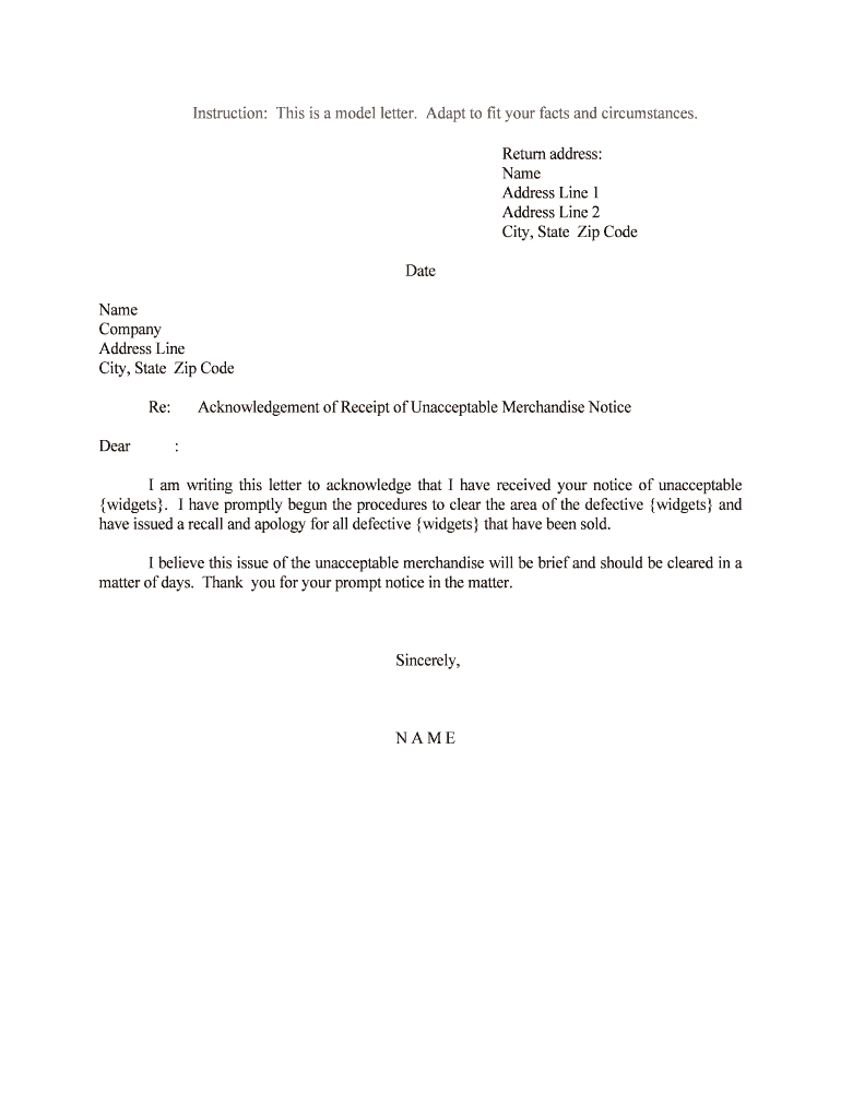Acknowledgement of Receipt of Unacceptable Merchandise Notice  Form
