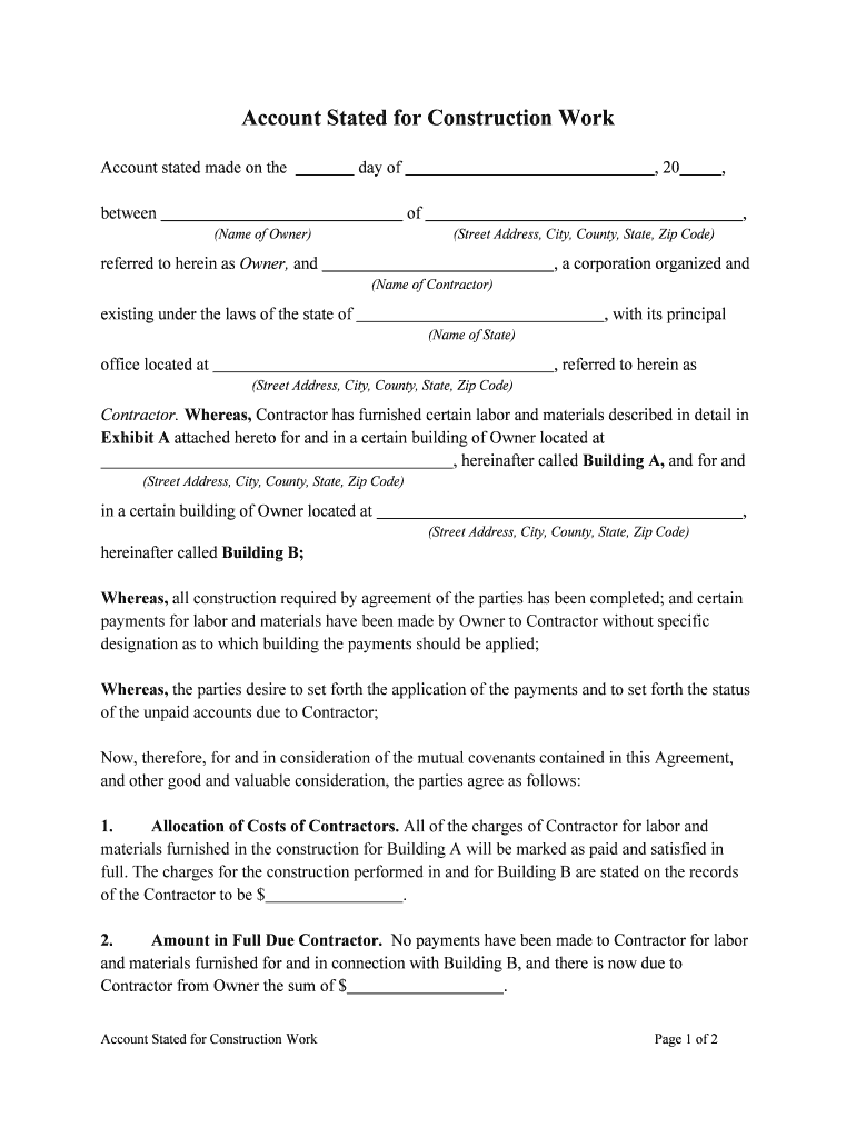 Account Stated for Construction Work  Form