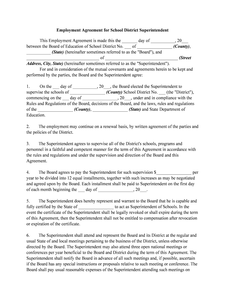 Employment Agreement for School District Superintendent  Form