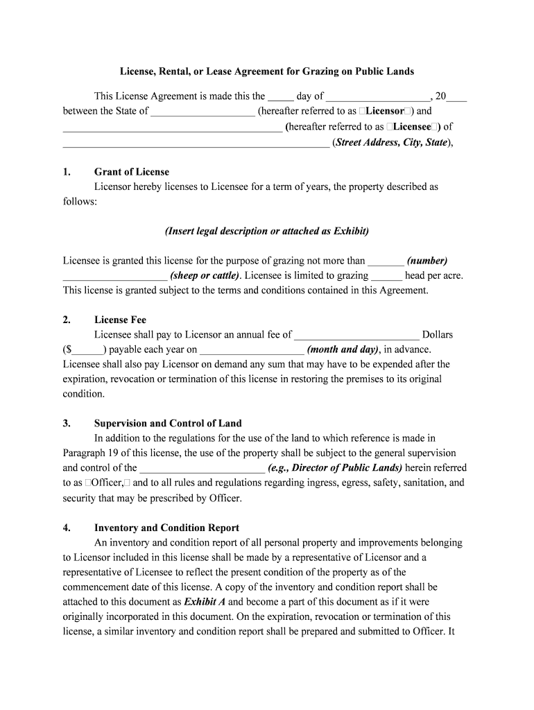License, Rental, or Lease Agreement for Grazing on Public  Form