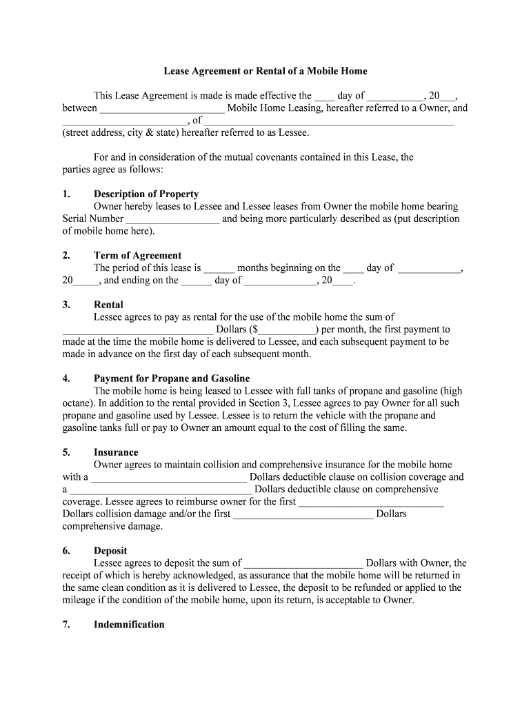 Lease Agreement or Rental of a Mobile Home  Form