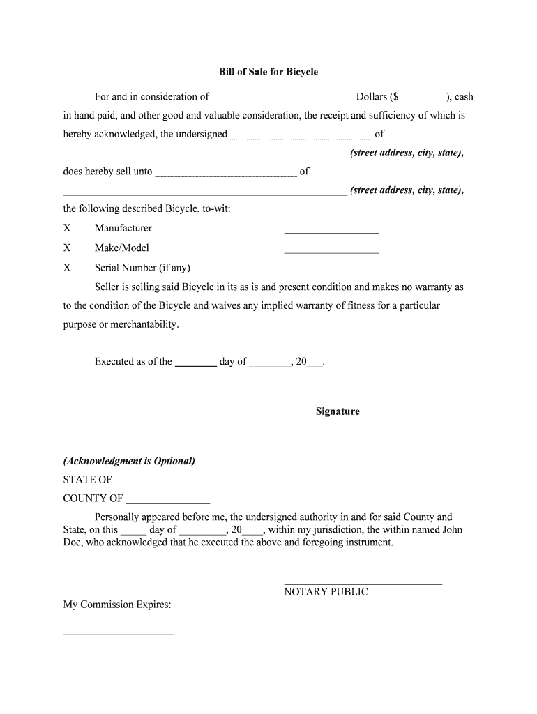 Bicycle Bill of Sale Form WordPDFeForms