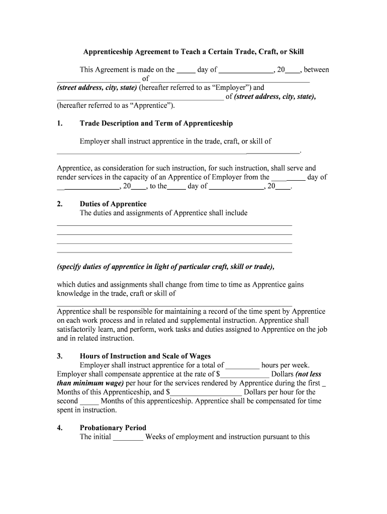 Apprenticeship Agreement to Teach a Certain Trade Craft or Skill  Form