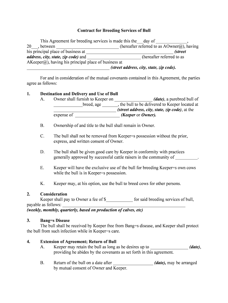 Contract for Breeding Services of Bull  Form