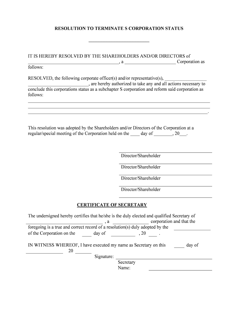 Form of S Corporation Revocation, Tax Allocation and