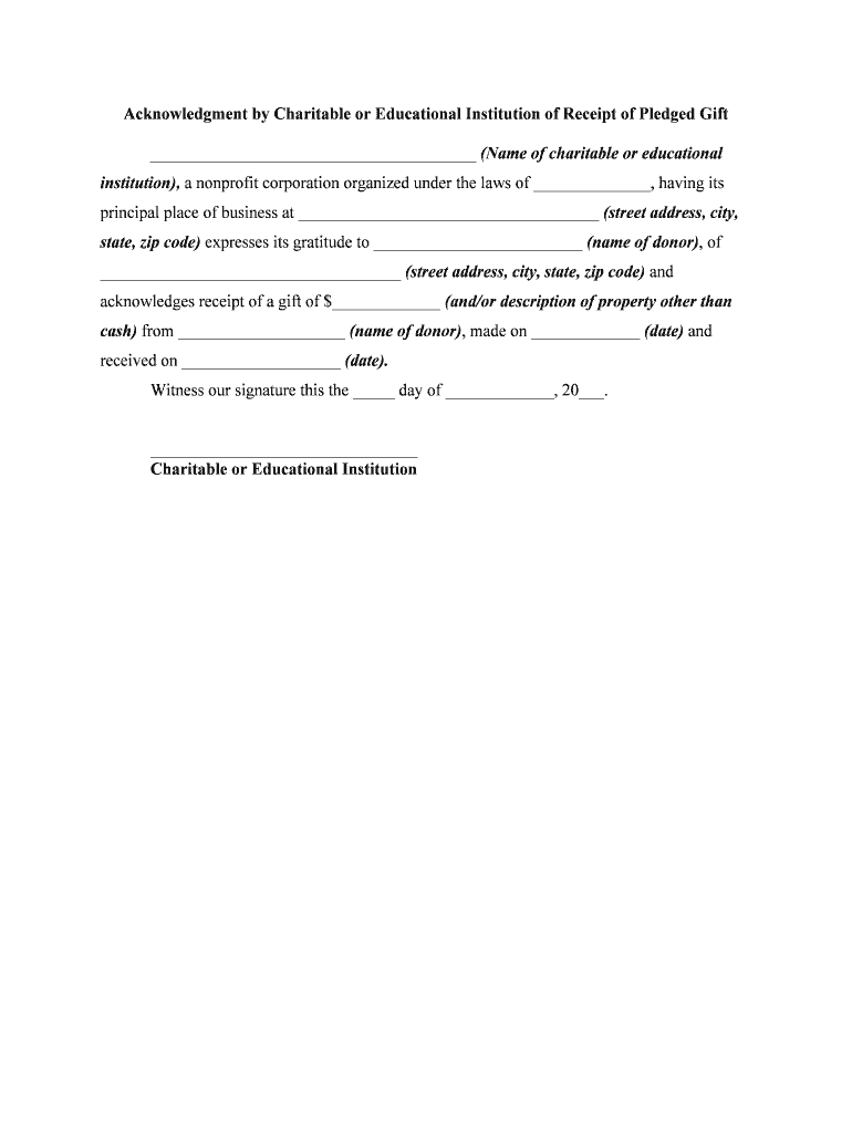 Acknowledgment by Charitable or Educational Institution of Receipt of Pledged Gift  Form