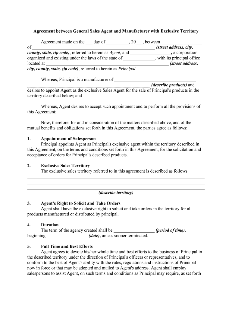 Agreement between General Sales Agent and Manufacturer with Exclusive Territory  Form