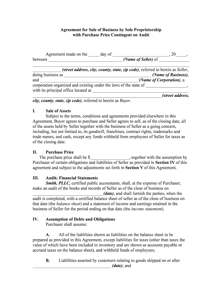 Agreement for Sale of Business by Sole Proprietorshipwith Purchase Price Contingent on Audit  Form