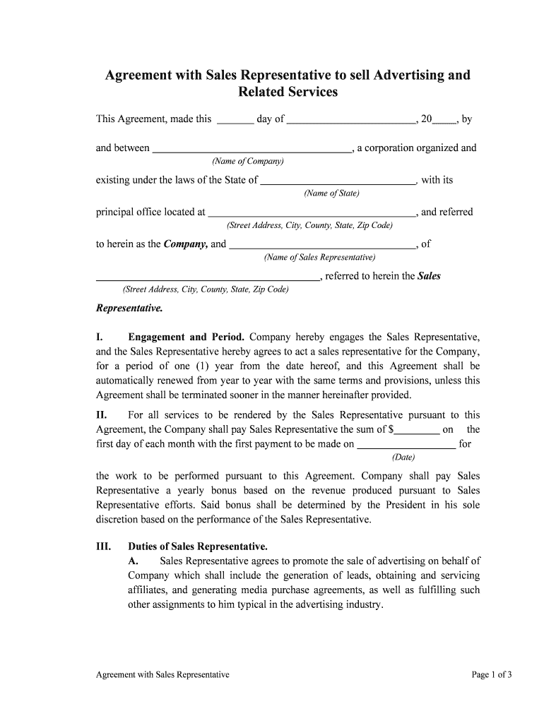 Sales Representative Agreement Template This Image Shows an  Form