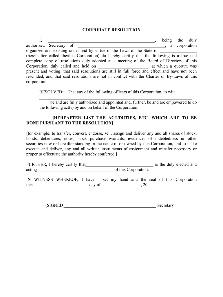 CERTIFICATION for CORPORATE AUTHORIZATION to TRANSFER  Form
