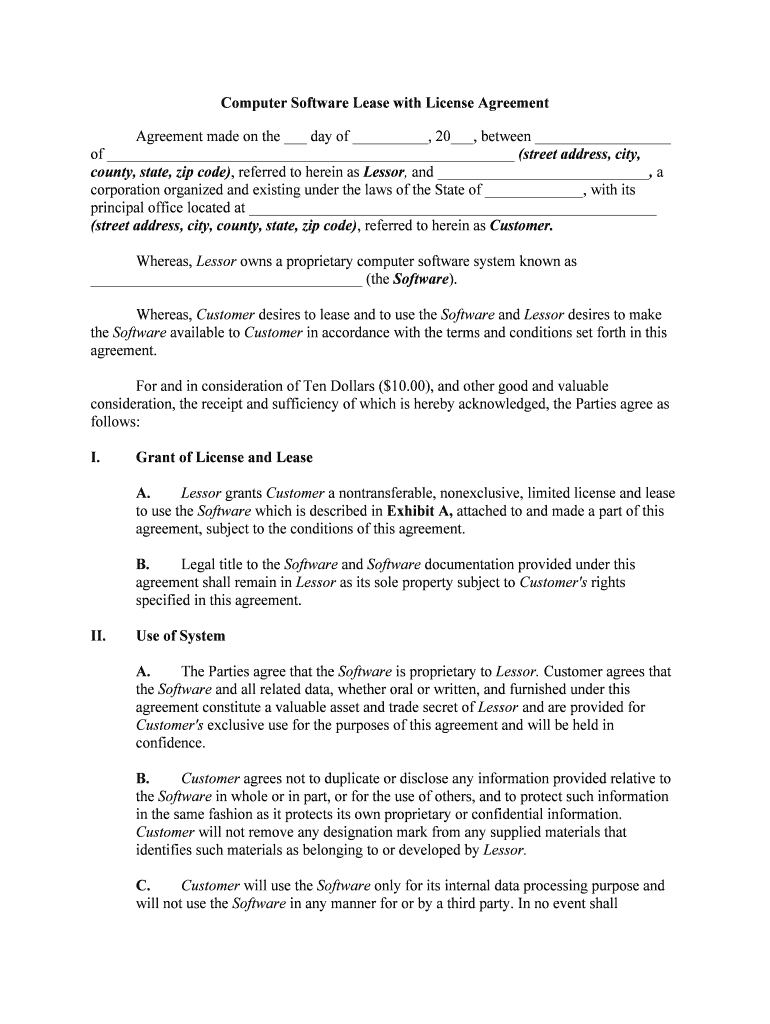 Computer Software Lease with License Agreement  Form