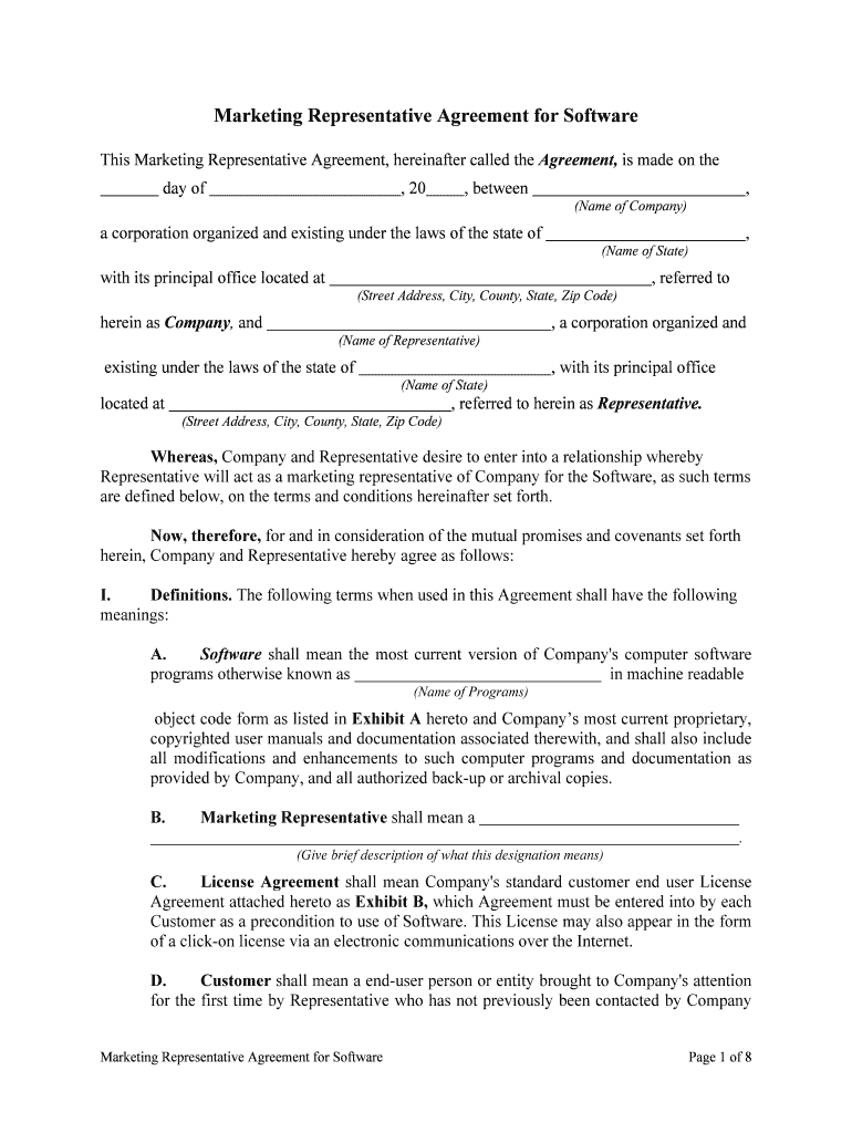 Marketing Representative Agreement for Software  Form