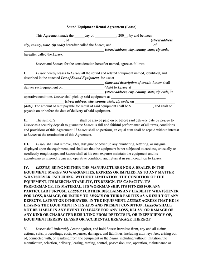 Equipment Lease Agreement LABEX of MA  Form