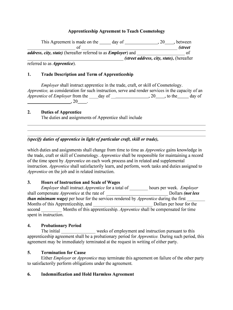 APPRENTICE AGREEMENT BarberCosmetologist  Form