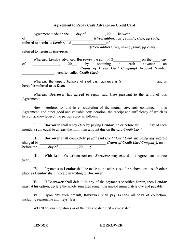 Agreement to Repay Cash Advance on Credit Card  Form