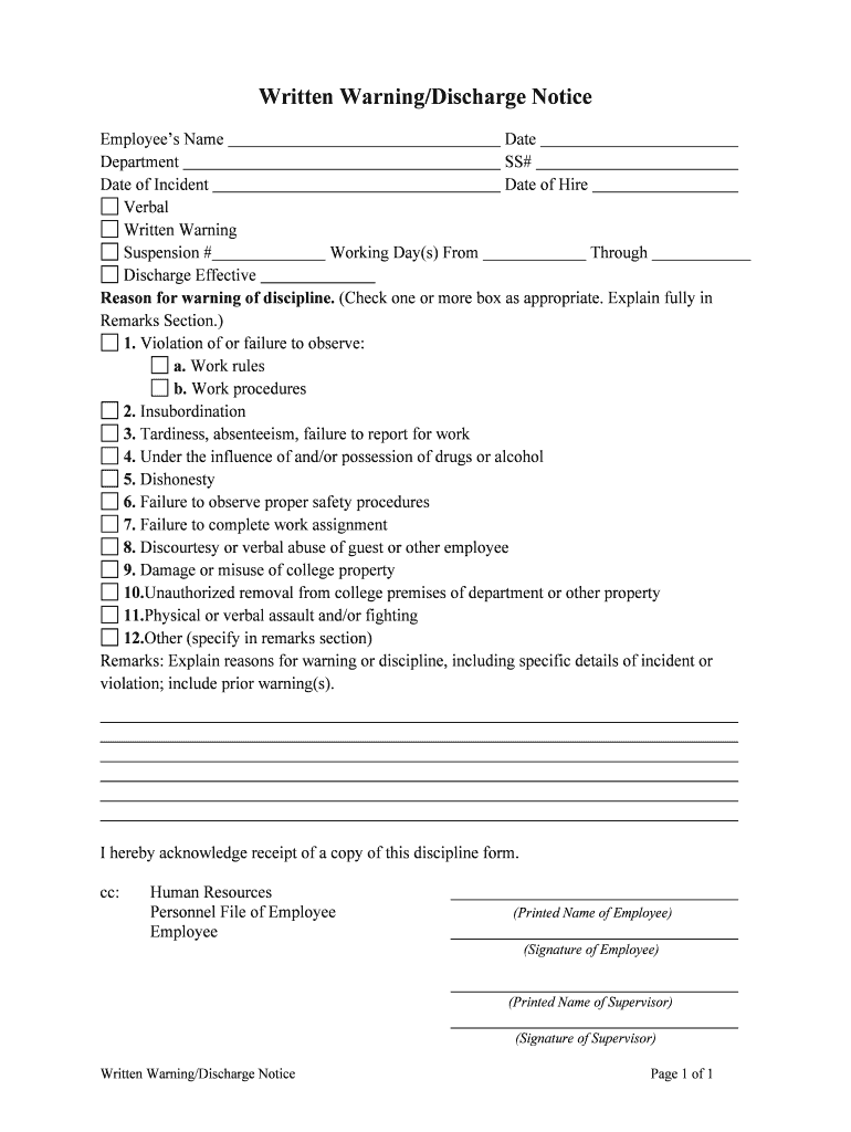 Sample Written Warning Letters Including Employee Policies  Form